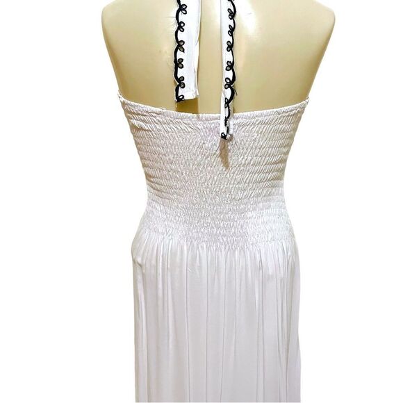 Bali Chic White Black Embroidery Smocked Tube Tie Halter Top Dress - Picture 10 of 15